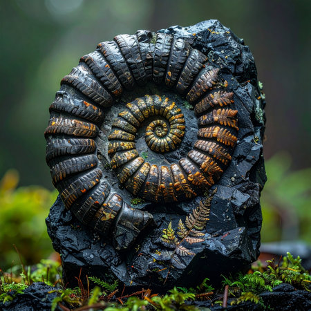A beautifully preserved ammonite fossil, a relic from a prehistoric sea, rests on a bed of moss in a lush forest.の素材
