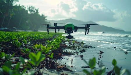 A state-of-the-art drone rests momentarily on a wet, sandy shore, its propellers still.の素材