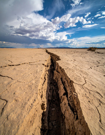 A dramatic, deep fissure splits the parched earth, stretching towards a distant horizon under a vast, cloudy sky.の素材