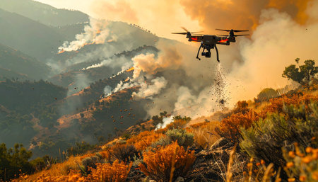 A high-tech drone hovers against a dramatic sunset sky, conducting crucial surveillance over a dangerous wildfire sweeping across the mountains.の素材