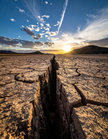 The sun sets over a vast, parched landscape, casting a golden glow on the deeply cracked earth.の素材