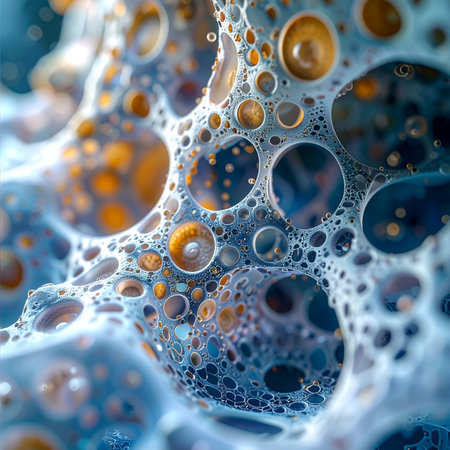 A mesmerizing macro view into a complex world of interconnected bubbles, forming an intricate cellular network.の素材