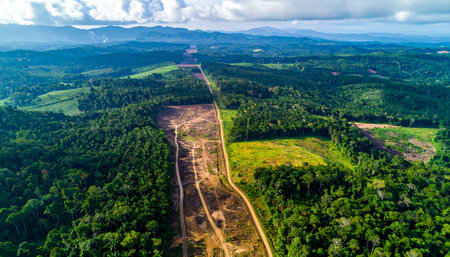 An aerial perspective captures the stark reality of progress as a new road carves a path through a vast, verdant rainforest.の素材