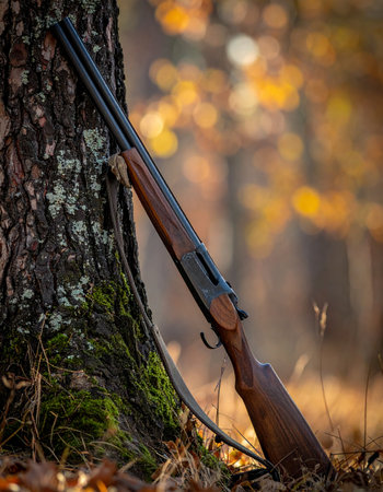 A classic double-barreled shotgun rests against a birch tree, bathed in the warm, golden light of an autumn sunset.の素材