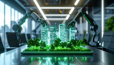 In a futuristic boardroom, advanced robotic arms meticulously assemble a glowing architectural model of a sustainable city, symbolizing the intersection of AI, green technology, and visionary urban p.の素材