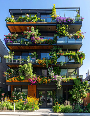 A modern residential building stands as a testament to sustainable urban living.の素材