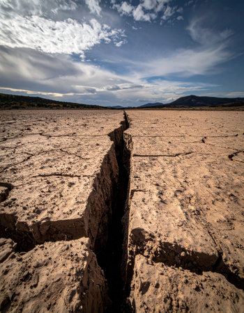 A deep fissure splits the parched, cracked earth of a dry lakebed, stretching towards a distant mountain range under a dramatic, cloudy sky.の素材
