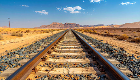 A straight railway track cuts through the vast, arid desert, its parallel lines converging at the distant horizon under a wide blue sky.の素材