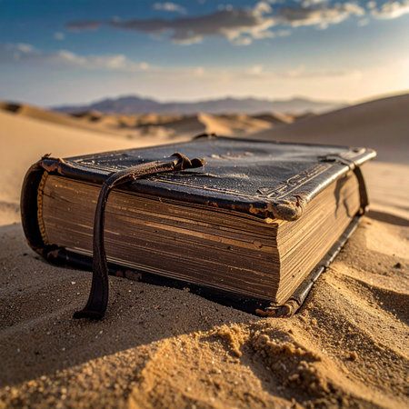 An ancient, leather-bound tome rests half-buried in the golden desert sand at sunset.の素材