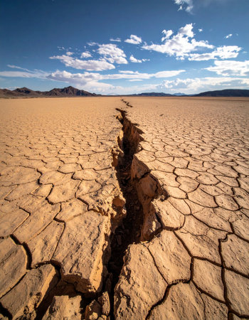 A deep fissure splits the parched earth of a dry lakebed, a stark and powerful symbol of drought and environmental change.の素材
