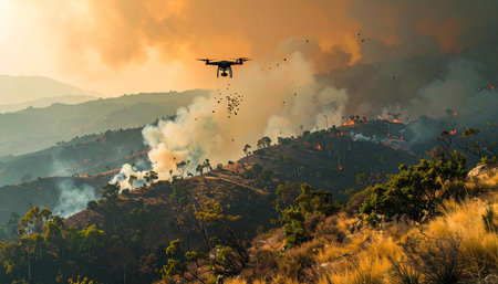 A high-tech drone flies a crucial surveillance mission over a dangerous forest fire.の素材