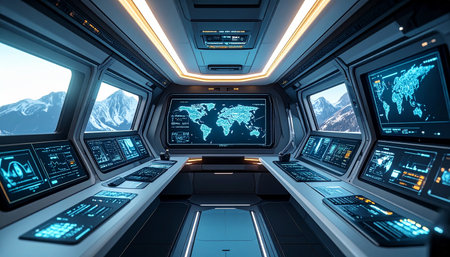 Inside the nerve center of a futuristic vessel, holographic displays and a central world map track global operations.の素材