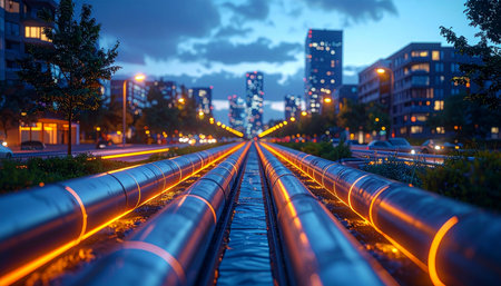 At dusk, a futuristic metropolis comes alive, powered by a network of glowing pipelines.の素材