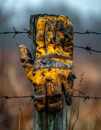 A single, mud-caked work glove rests forgotten on a weathered fence post, a silent testament to a day of hard labor in the countryside.の素材