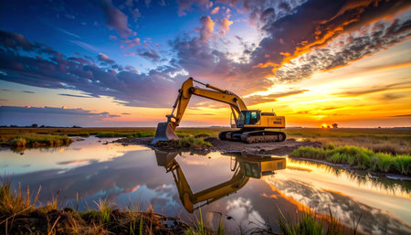 As the day concludes, a powerful excavator rests after shaping the land.の素材