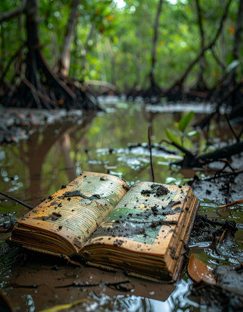 In the heart of a murky, forgotten swamp, an old book lies open, its pages slowly surrendering to the elements.の素材