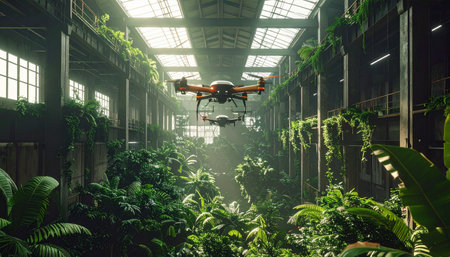 An advanced agricultural drone glides through a vast, sunlit vertical farm housed within a repurposed industrial building.の素材