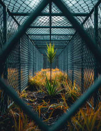 A single, determined plant defies its restrictive surroundings, pushing up through the dry earth inside a long metal cage.の素材