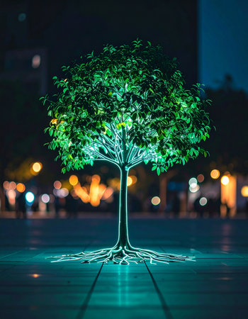 In the heart of a bustling city at night, a luminous tree stands as a beacon of innovation.の素材