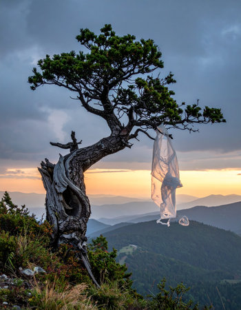 A lone figure, draped in a translucent veil, stands beside an ancient, gnarled tree on a mountain summit.の素材