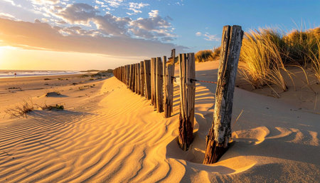 The warm, golden light of the setting sun casts long shadows across the rippled sand dunes.の素材