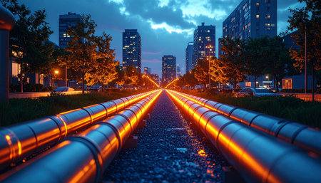 At twilight, glowing pipelines channel a torrent of energy or data towards a futuristic metropolis.の素材