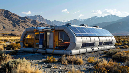 This futuristic habitat represents the pinnacle of sustainable innovation, a solar-powered sanctuary designed for life at the frontiers of exploration, whether in Earth's harshest landscapes or on di.の素材
