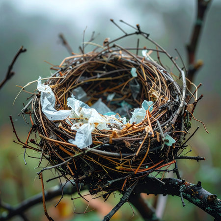 A poignant and sobering view of a bird's nest, intricately woven not just with twigs but with discarded plastic and trash.の素材