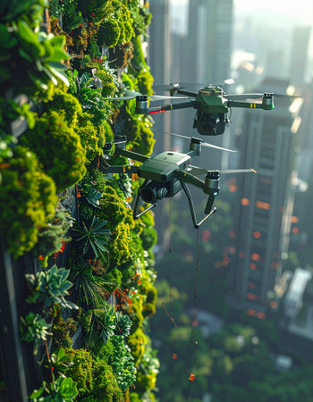 In a vision of the future, autonomous drones meticulously maintain a lush vertical garden on a skyscraper, showcasing a seamless blend of advanced technology and sustainable urban living.の素材