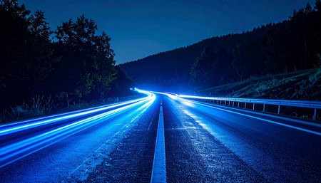 Luminous blue streaks of light cut through the deep darkness, capturing the relentless flow of traffic on a rural highway at night.の素材