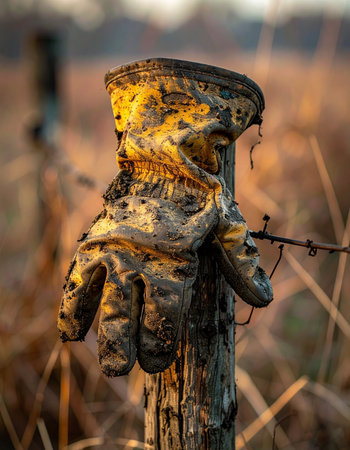 A single, worn camouflage glove rests on a weathered fence post, forgotten at the end of a long day.の素材