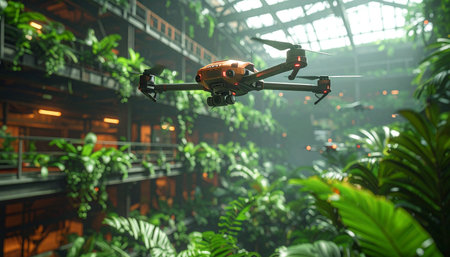 In a sunlit atrium where nature and architecture merge, an autonomous drone performs its daily survey.の素材
