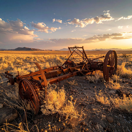 As the sun dips below the distant mountains, its last golden rays illuminate the skeletal remains of a pioneer's dream.の素材