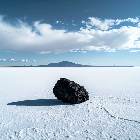 A single, dark volcanic rock rests in stark contrast against the endless white expanse of a salt flat.の素材