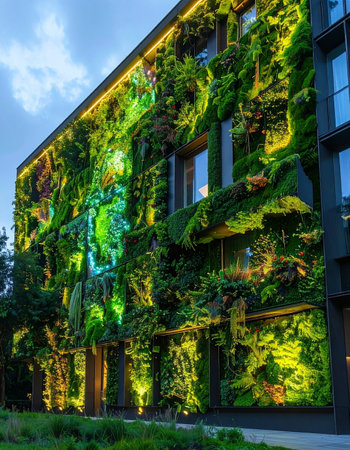 At dusk, a modern building comes alive as its living wall is illuminated, showcasing the pinnacle of sustainable architecture.の素材