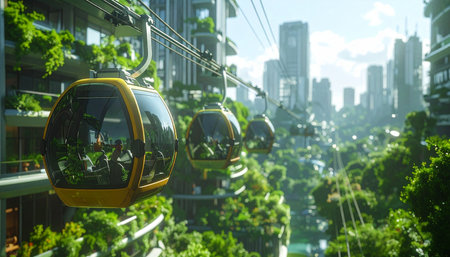 Sunlight filters through a lush, green metropolis of the future, where sustainable architecture and nature coexist.の素材