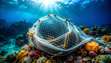 Sunlight streams through the deep blue water, illuminating a once-pristine coral reef now ensnared by a discarded ghost net.の素材
