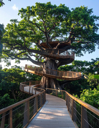 Follow the winding wooden path as it spirals gracefully around a majestic, ancient tree.の素材