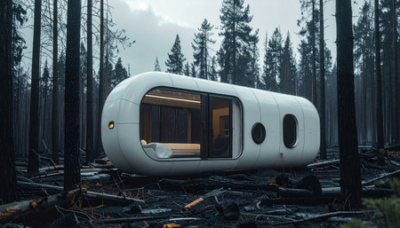 A sleek, futuristic pod home offers a warm and secure sanctuary amidst the stark, moody landscape of a remote forest.の素材
