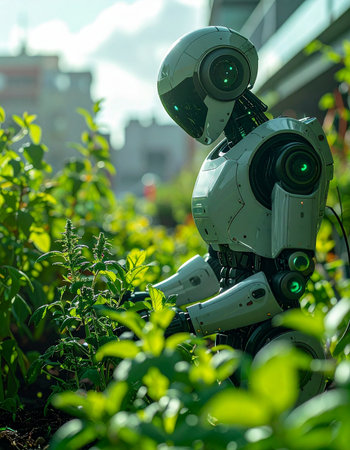 In a bustling city of the future, an advanced android finds purpose in cultivating life.の素材
