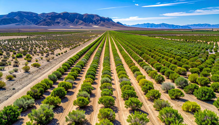 An aerial perspective reveals the striking contrast between a meticulously organized, lush green orchard and the surrounding arid desert.の素材