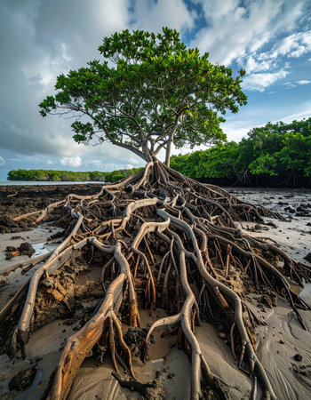 At low tide, the receding water reveals the powerful and intricate foundation of a resilient mangrove tree.の素材