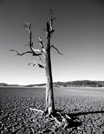 A solitary, skeletal tree stands as a stark monument in a vast expanse of cracked, sun-baked earth.の素材