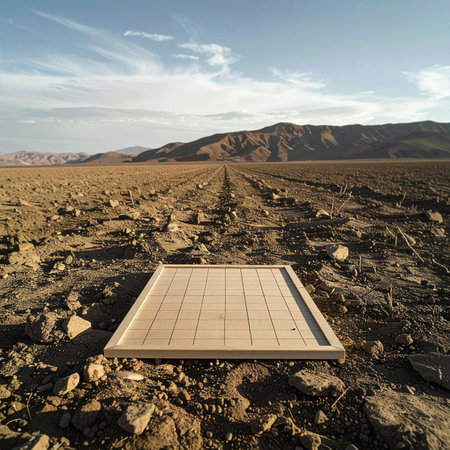 A surreal scene unfolds in an arid expanse where a lone wooden grid, like a forgotten game board, sits under a wide sky.の素材