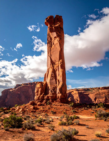 A solitary sandstone spire stands as a timeless monument against a vast blue sky, a testament to millennia of wind and water.の素材