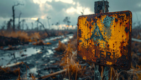 A heavily rusted and decayed warning sign stands as a silent, forgotten sentinel in a desolate, swampy wasteland.の素材