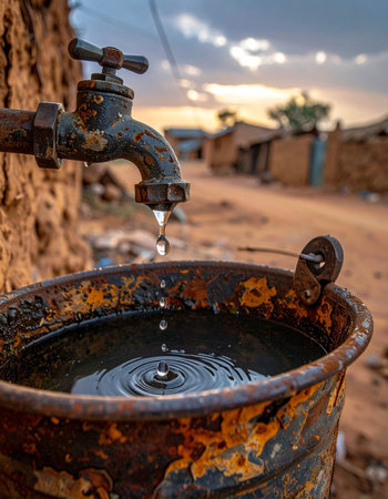 In a sun-drenched rural village at dusk, every single drop of water is precious.の素材