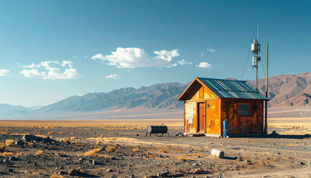 In the quiet expanse of a sun-drenched desert valley, a solitary wooden outpost stands as a silent sentinel.の素材