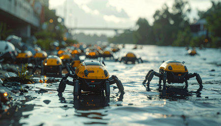In a near-future cityscape, a fleet of bio-inspired robot crabs methodically cleans a contaminated waterway.の素材