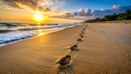 As the sun dips below the horizon, casting a warm golden glow across the water, a line of footprints marks a solitary journey along the tranquil shore.の素材